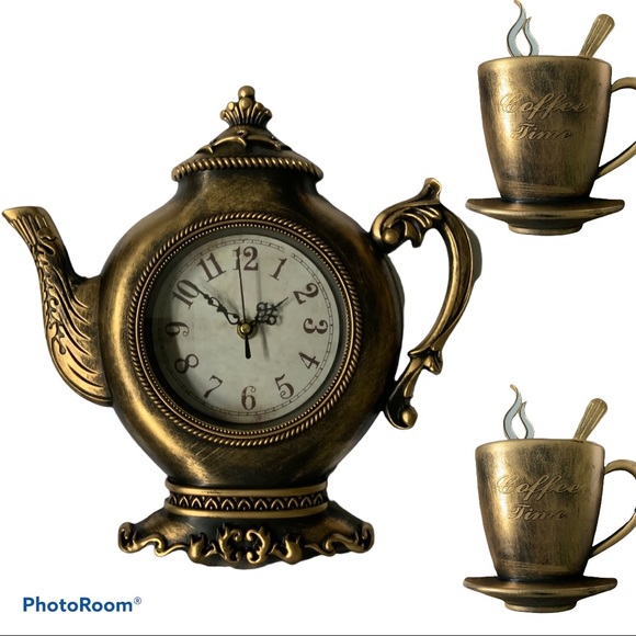 Tea Kettle Clock And Cup Set 3 Pieces Bronze 12” - Picture 13 of 13
